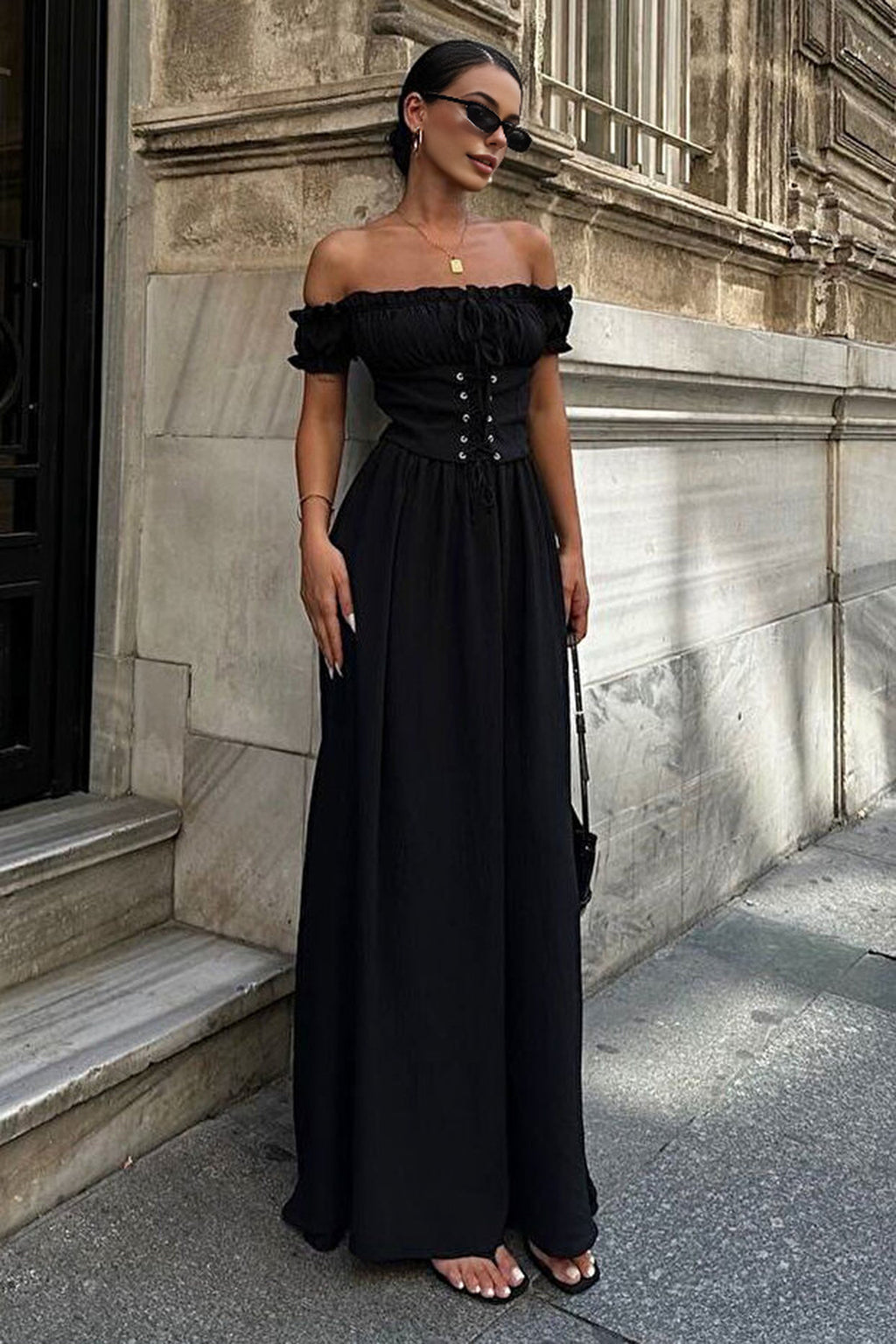 A-Line Carmen Neckline Corset-Style Elegant Evening Dress