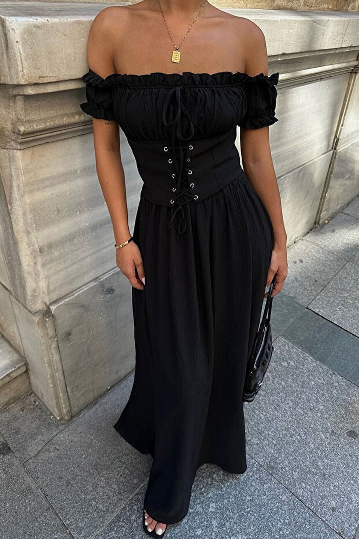 A-Line Carmen Neckline Corset-Style Elegant Evening Dress