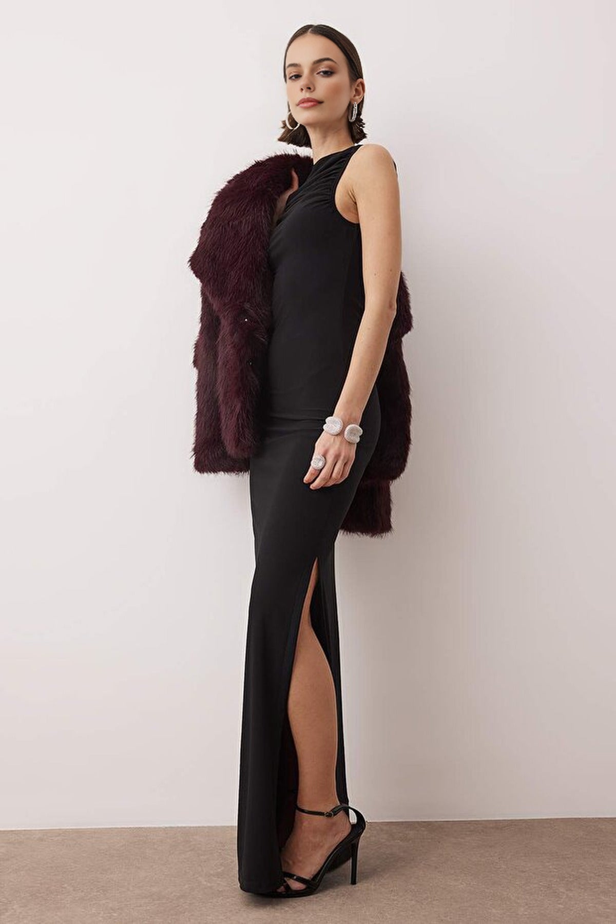 Elegant Long Knitted Evening Dress with Gathered Neckline Detail