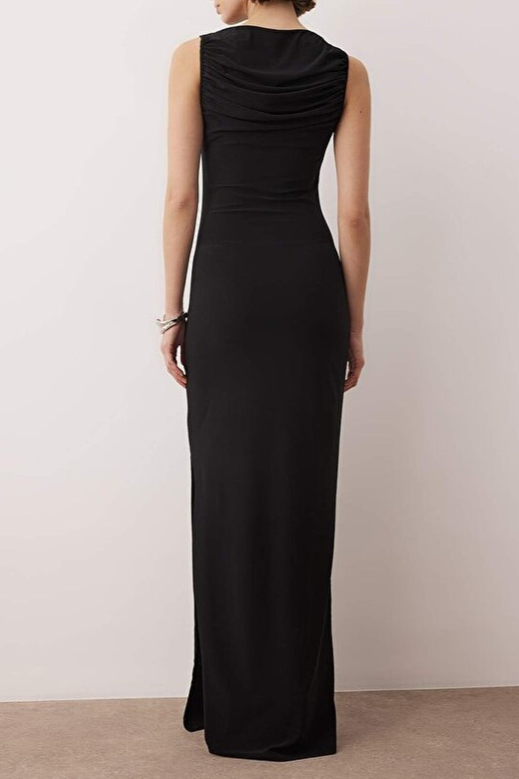 Elegant Long Knitted Evening Dress with Gathered Neckline Detail