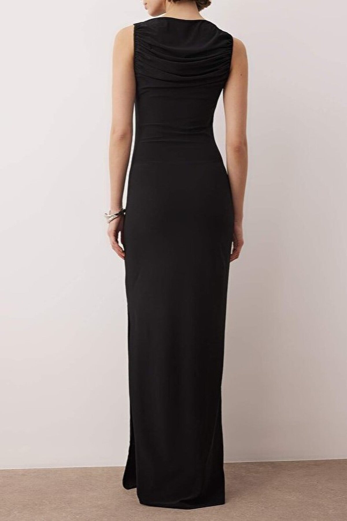 Elegant Long Knitted Evening Dress with Gathered Neckline Detail