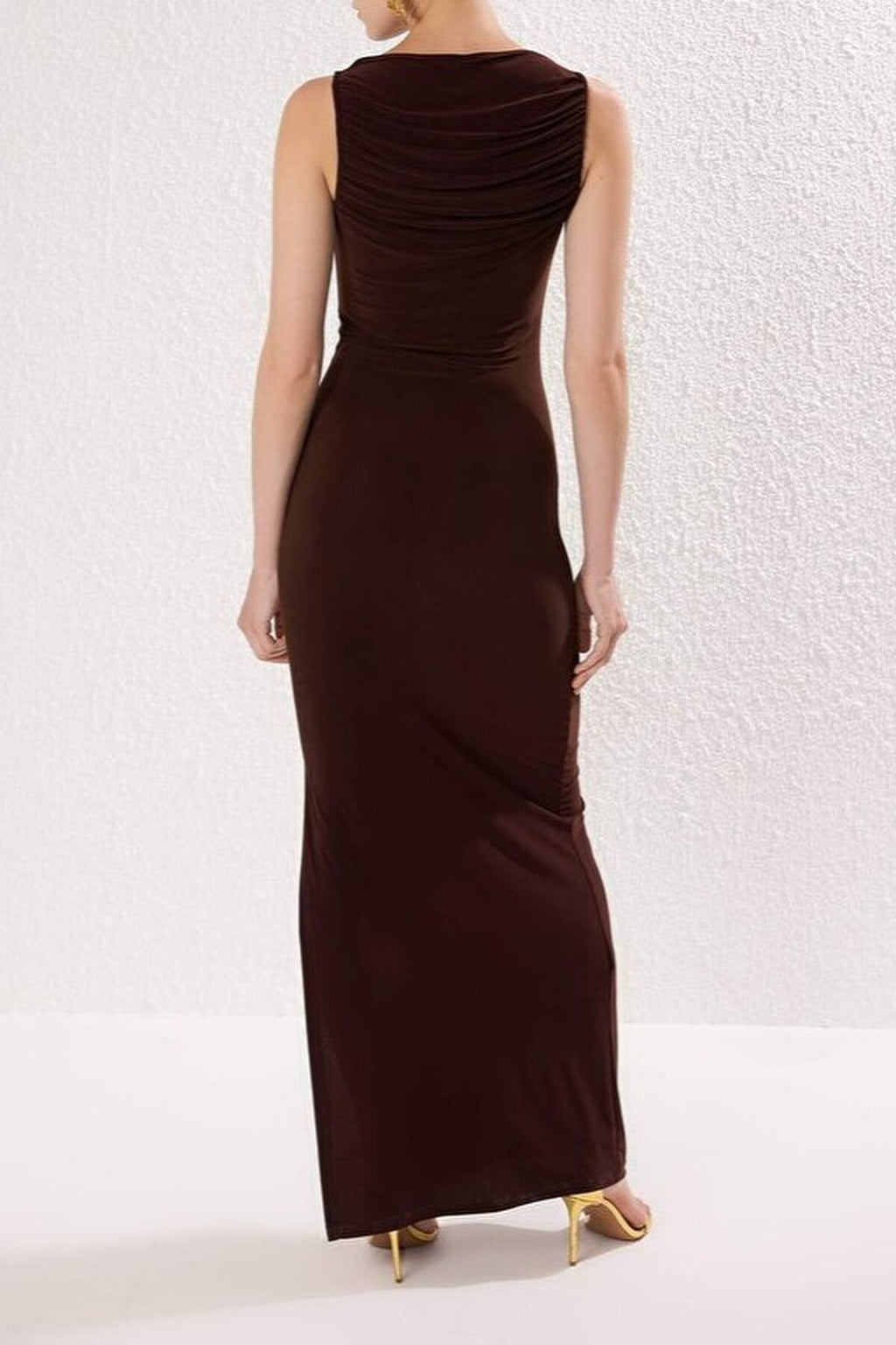 Elegant Long Knitted Evening Dress with Gathered Neckline Detail