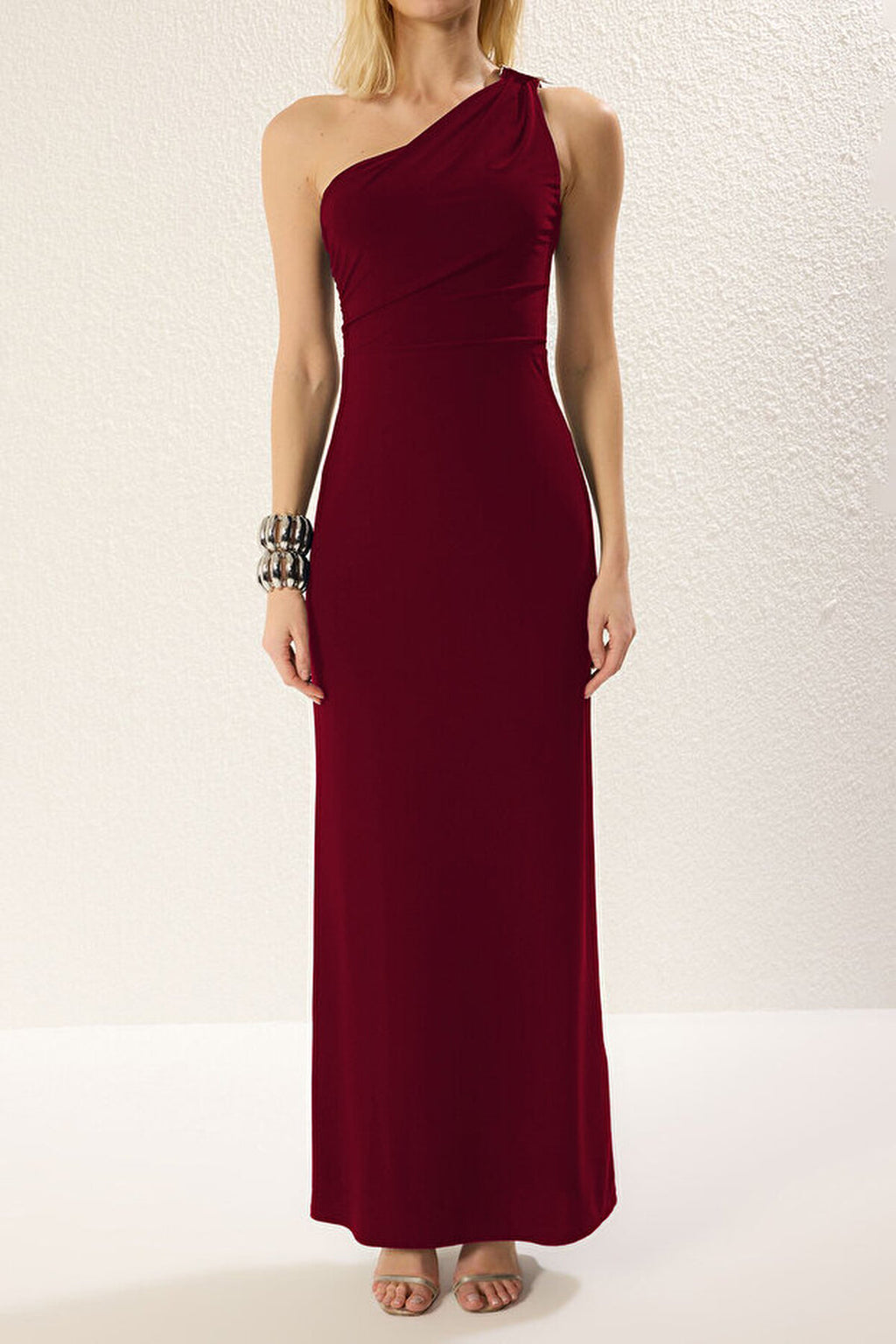One-Shoulder Knitted Maxi Elegant Evening Dress with Accessory Details