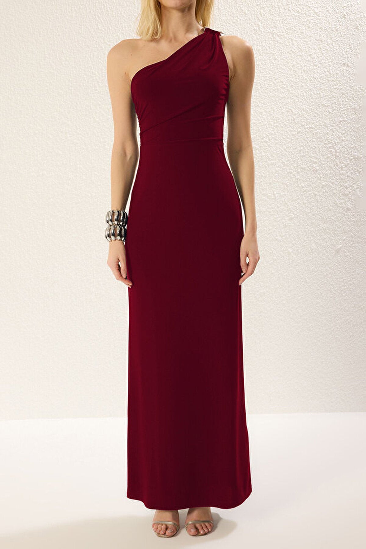 One-Shoulder Knitted Maxi Elegant Evening Dress with Accessory Details