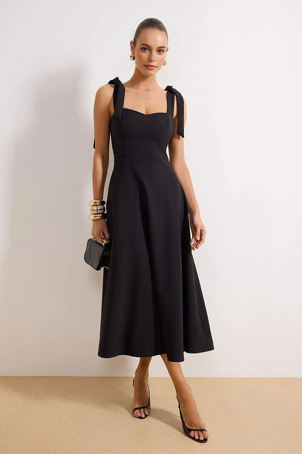Tie Strap Midi Dress with Sweetheart Neckline