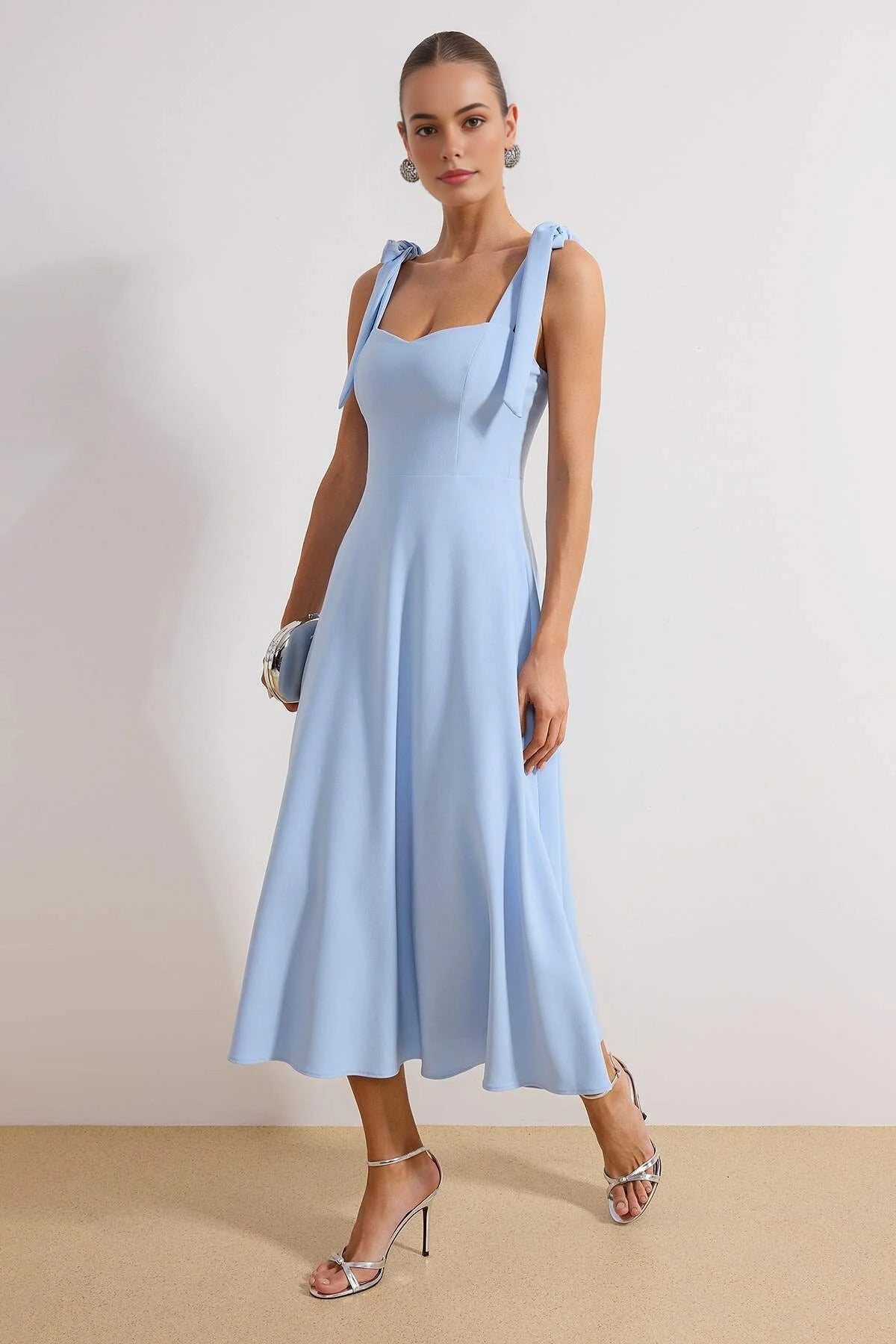 Tie Strap Midi Dress with Sweetheart Neckline