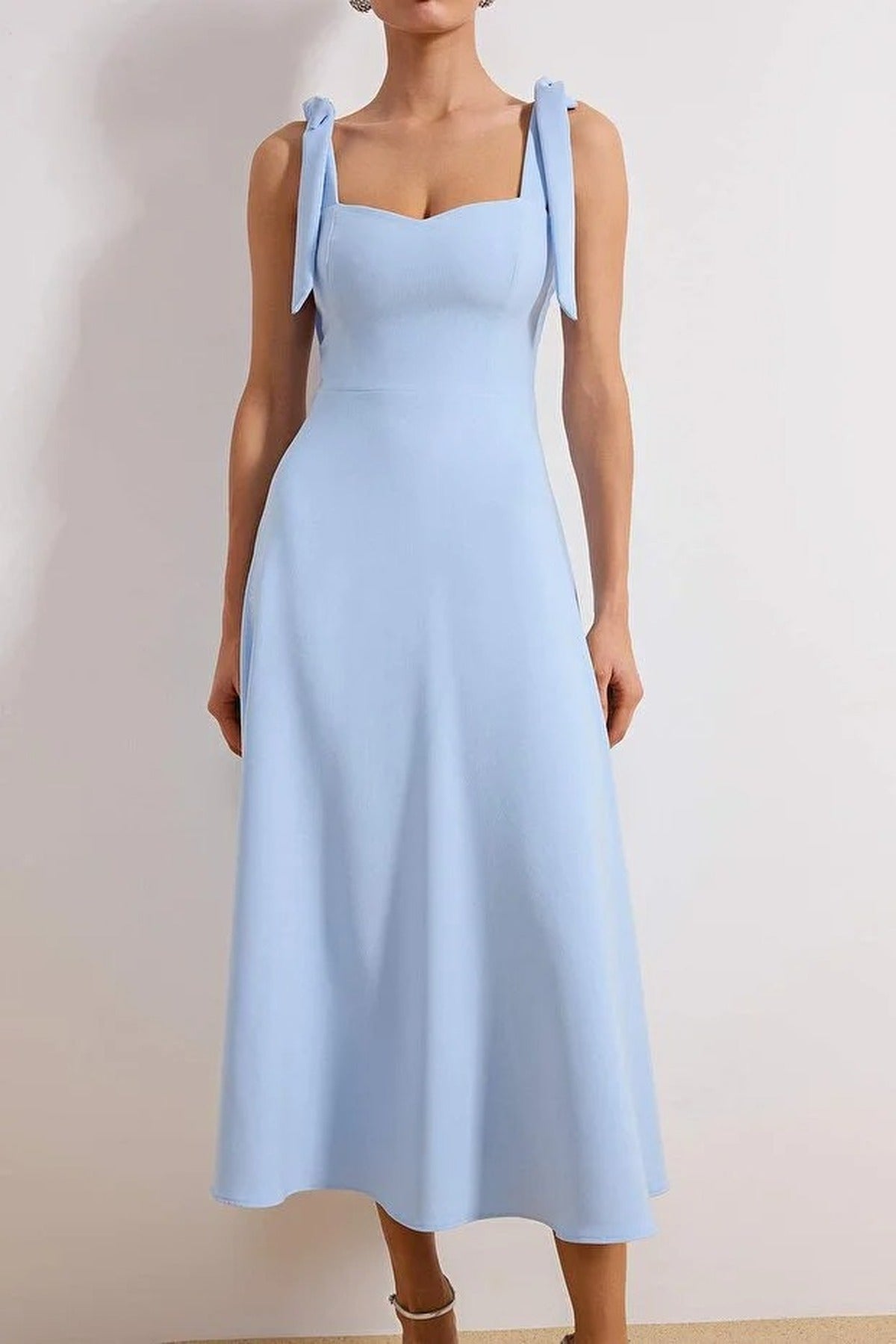 Tie Strap Midi Dress with Sweetheart Neckline