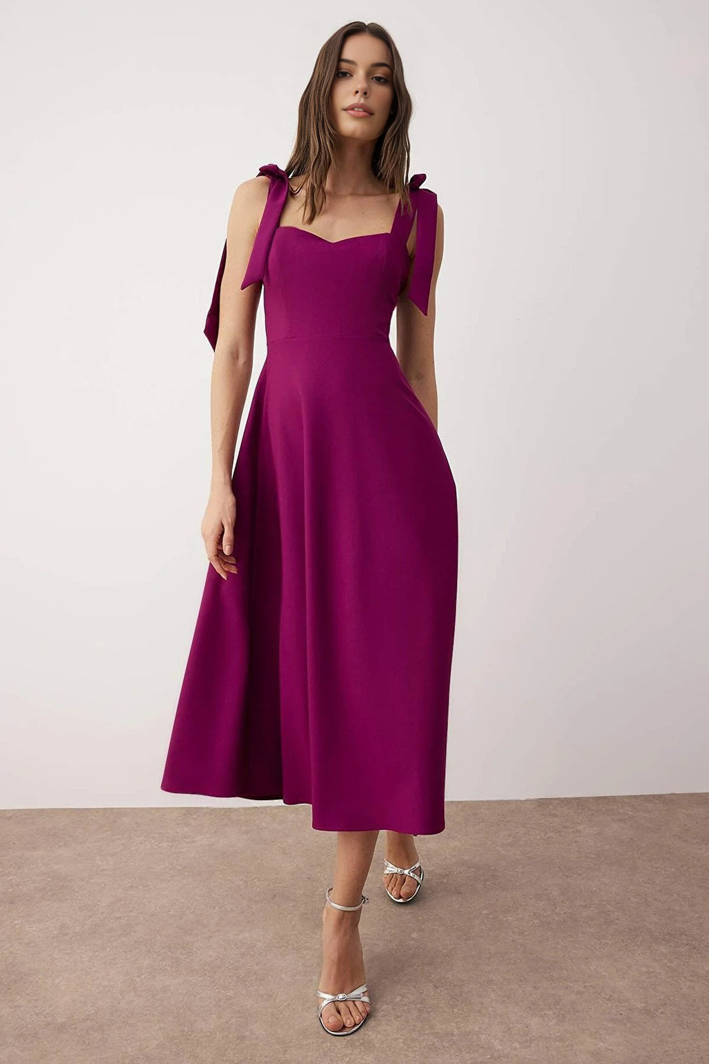 Tie Strap Midi Dress with Sweetheart Neckline