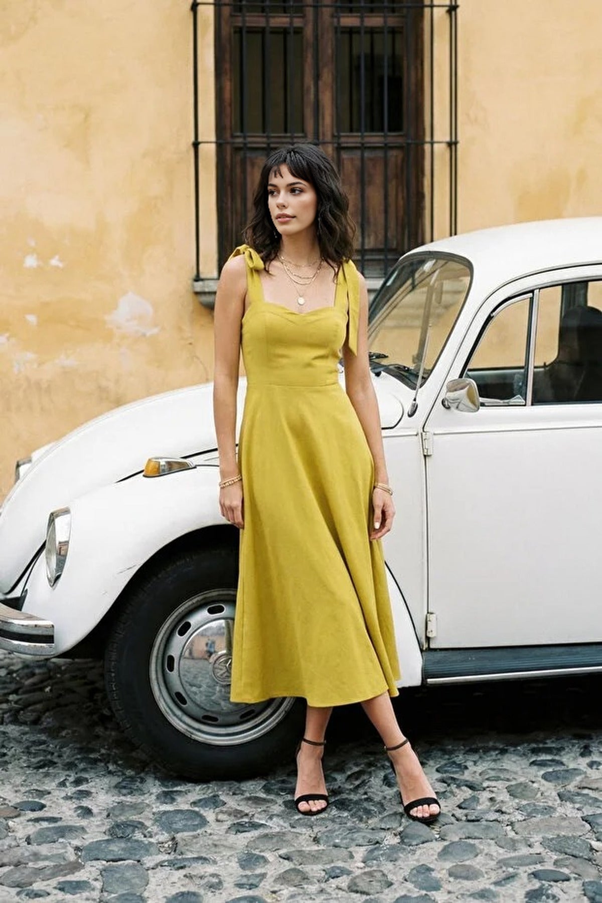 Tie Strap Midi Dress with Sweetheart Neckline