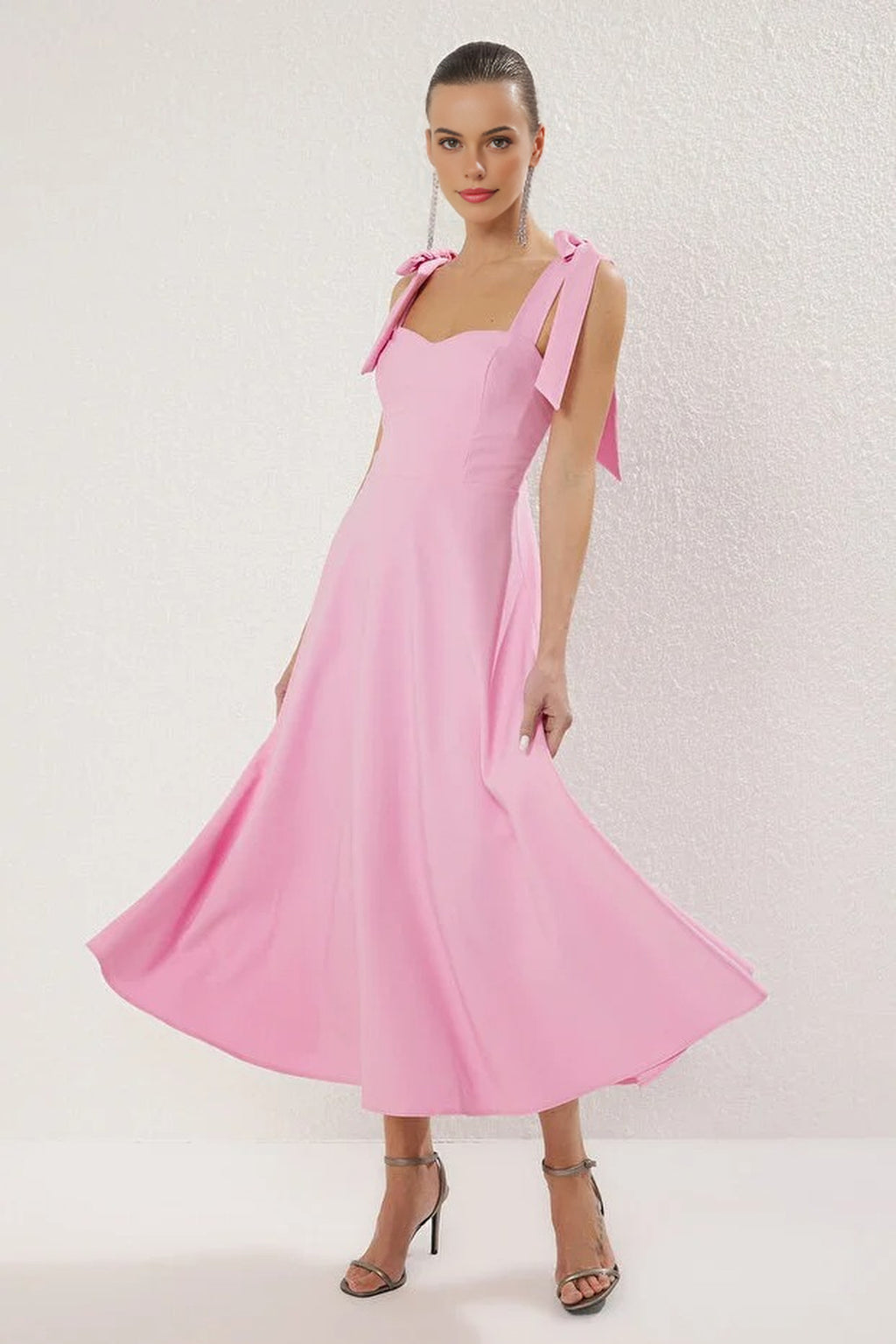 Tie Strap Midi Dress with Sweetheart Neckline