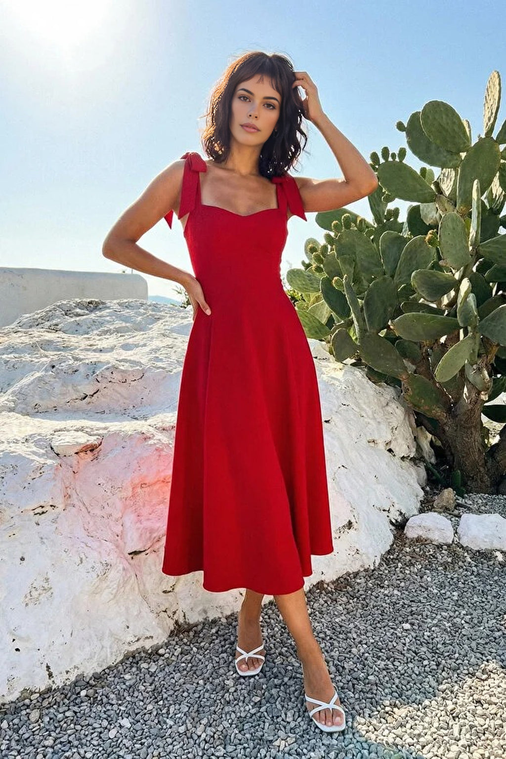 Tie Strap Midi Dress with Sweetheart Neckline