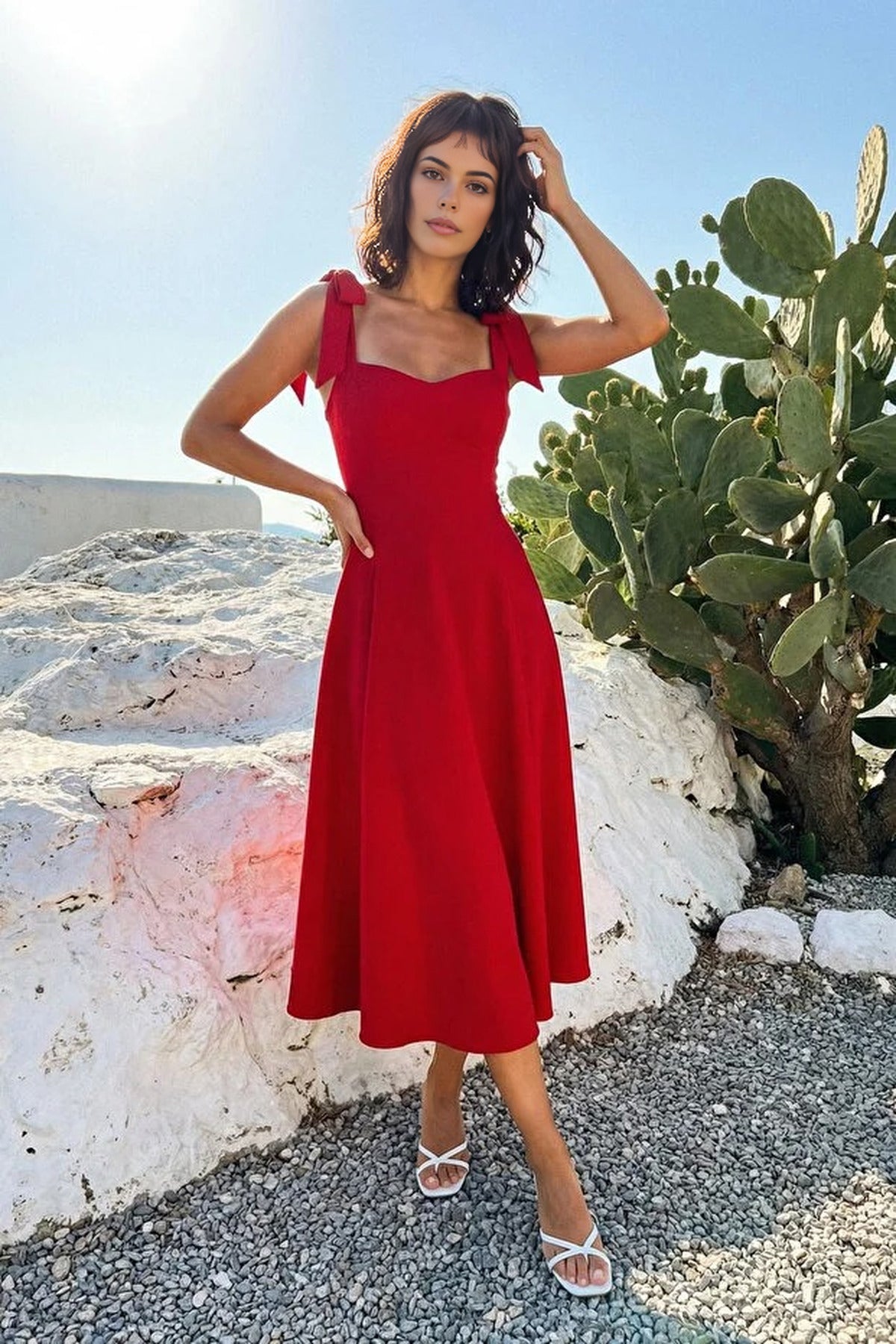 Tie Strap Midi Dress with Sweetheart Neckline