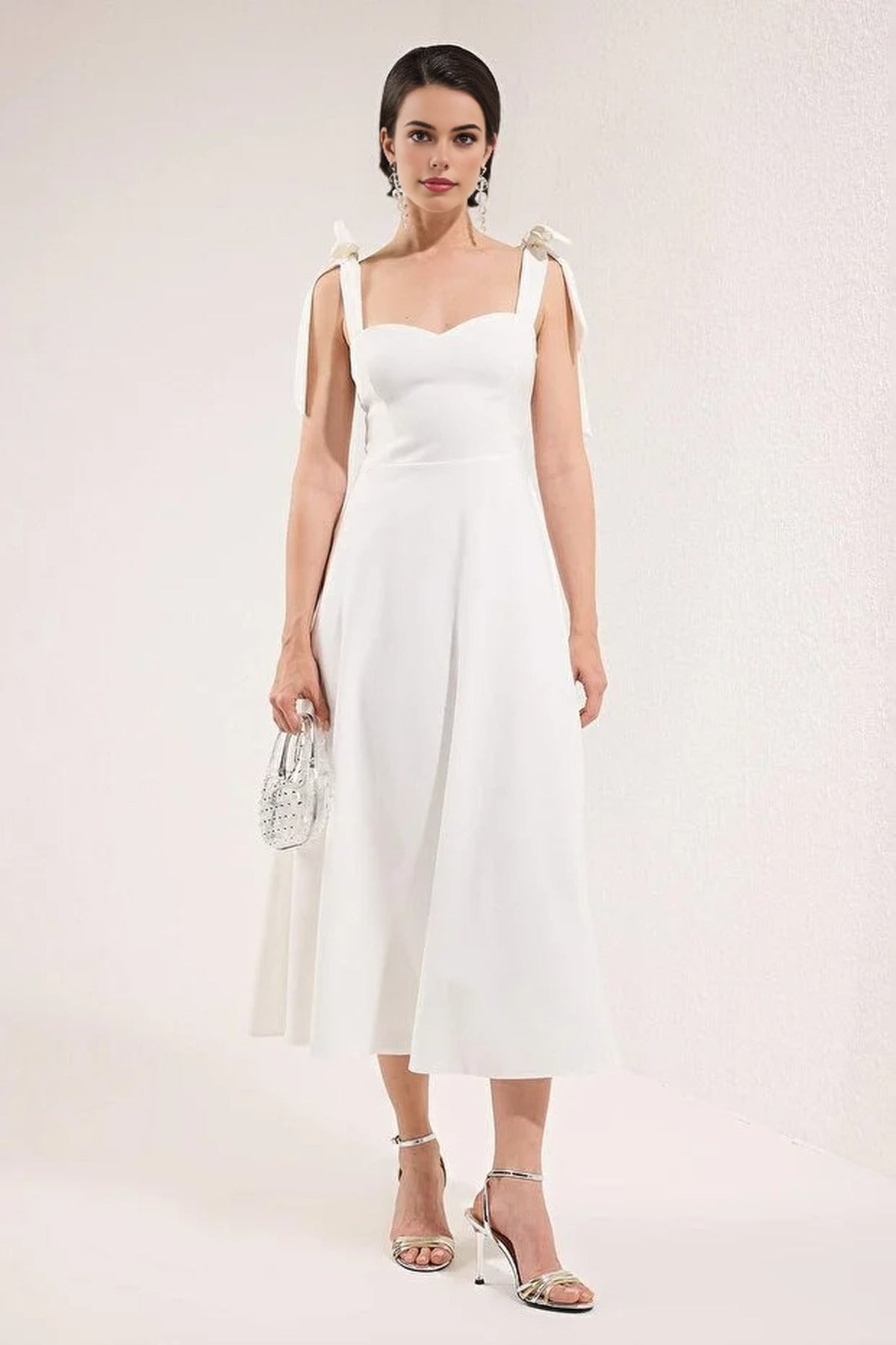 Tie Strap Midi Dress with Sweetheart Neckline
