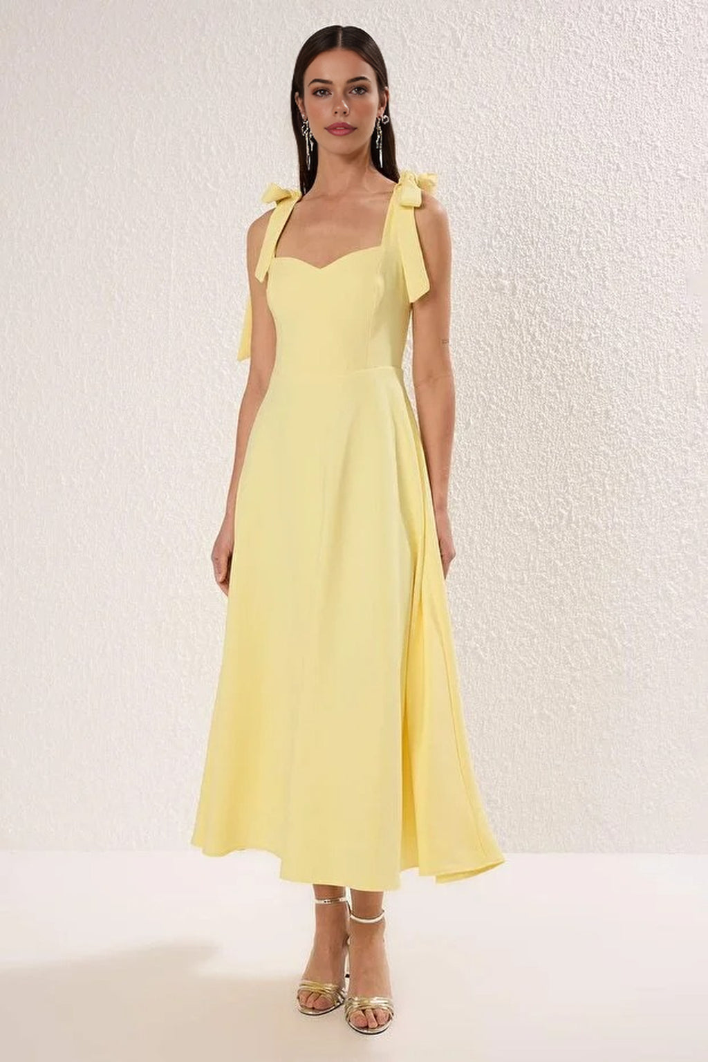 Tie Strap Midi Dress with Sweetheart Neckline