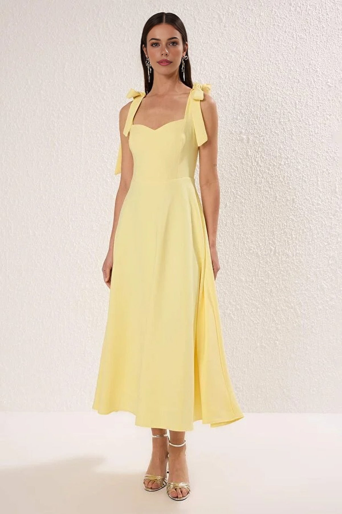Tie Strap Midi Dress with Sweetheart Neckline