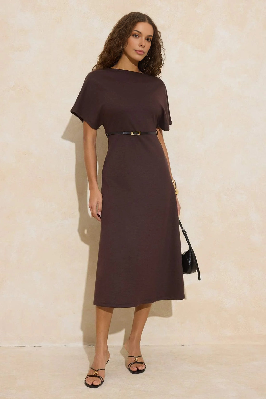 A-Line Boat Neck Short Sleeved Belted Midi Knitted Dress