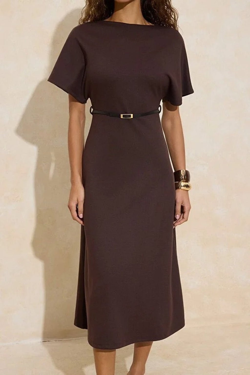A-Line Boat Neck Short Sleeved Belted Midi Knitted Dress