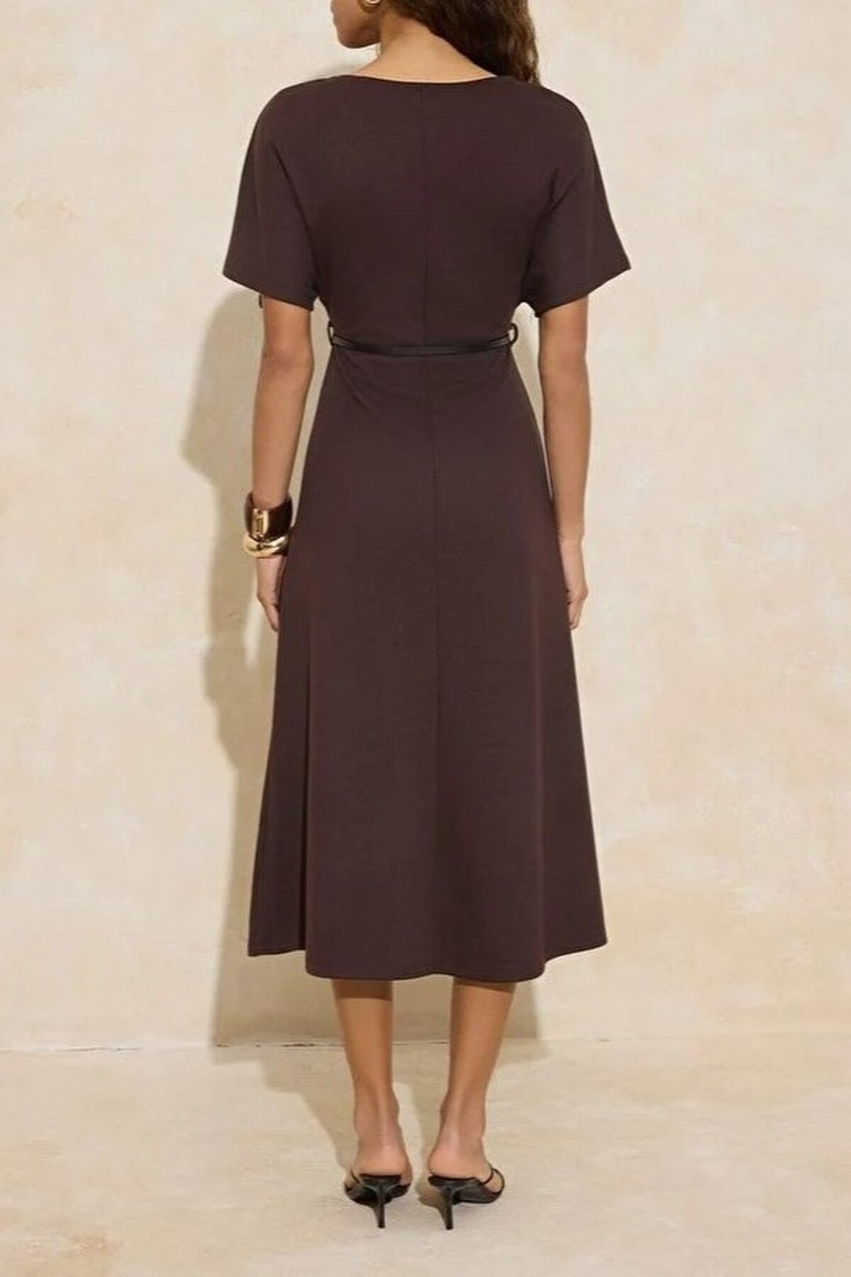 A-Line Boat Neck Short Sleeved Belted Midi Knitted Dress