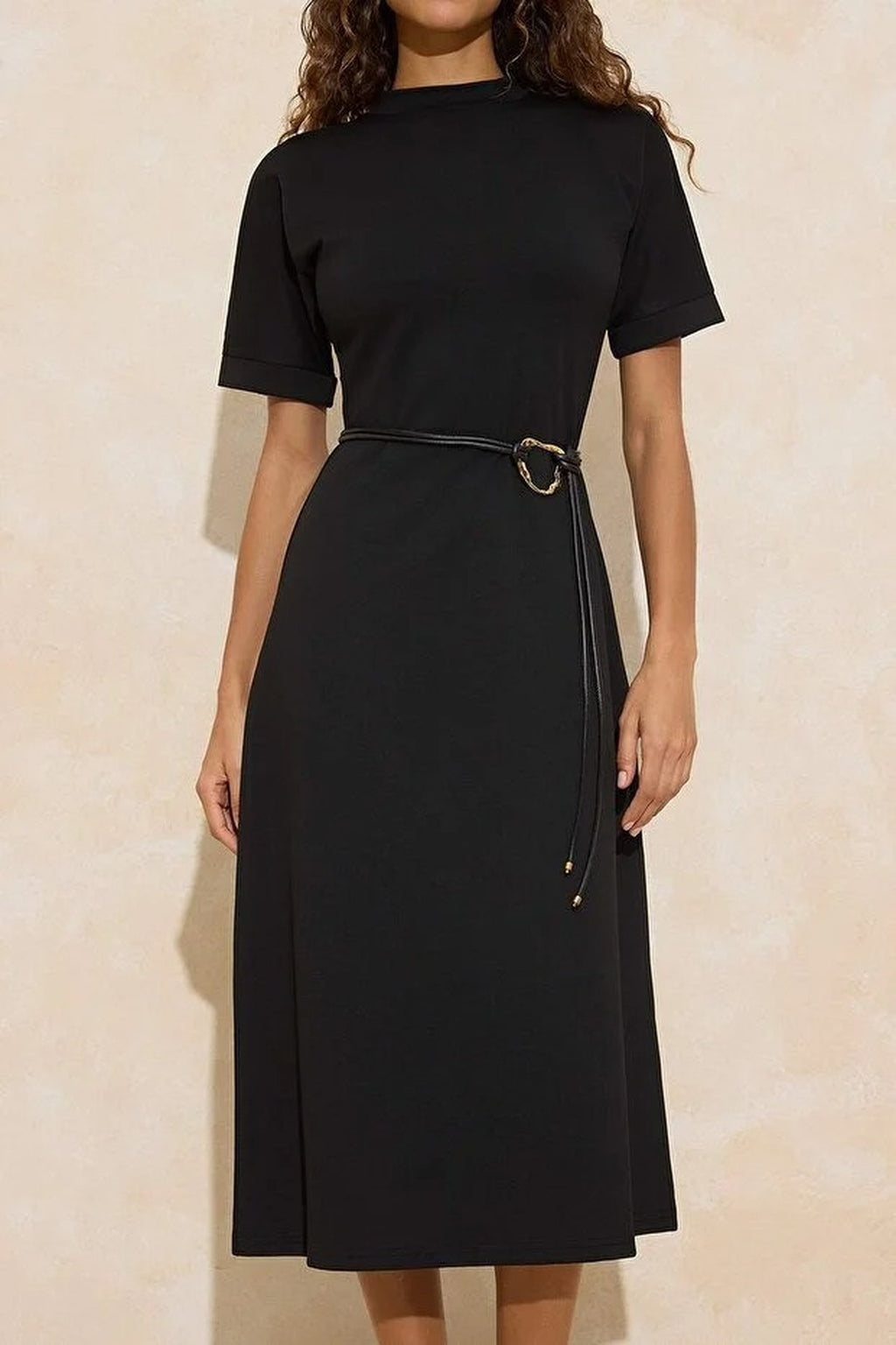A-Line Boat Neck Short Sleeved Belted Midi Knit Dress