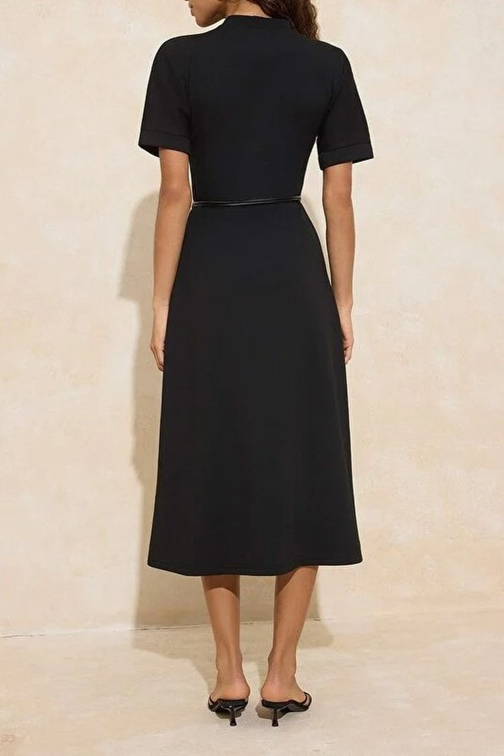 A-Line Boat Neck Short Sleeved Belted Midi Knit Dress
