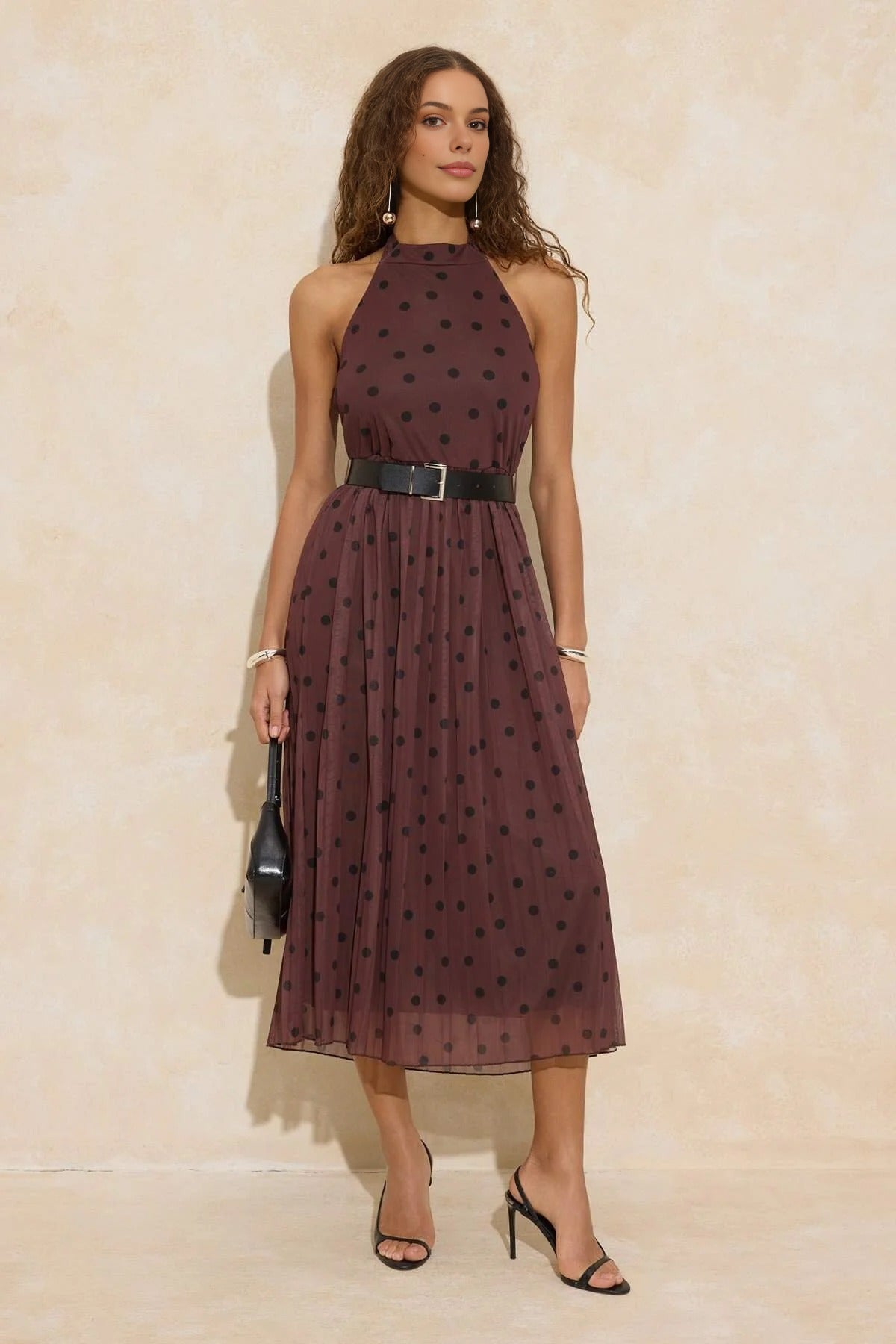 Polka Dot Waist-Stringed Halter Neck Pleated Maxi Tulle Knit Dress