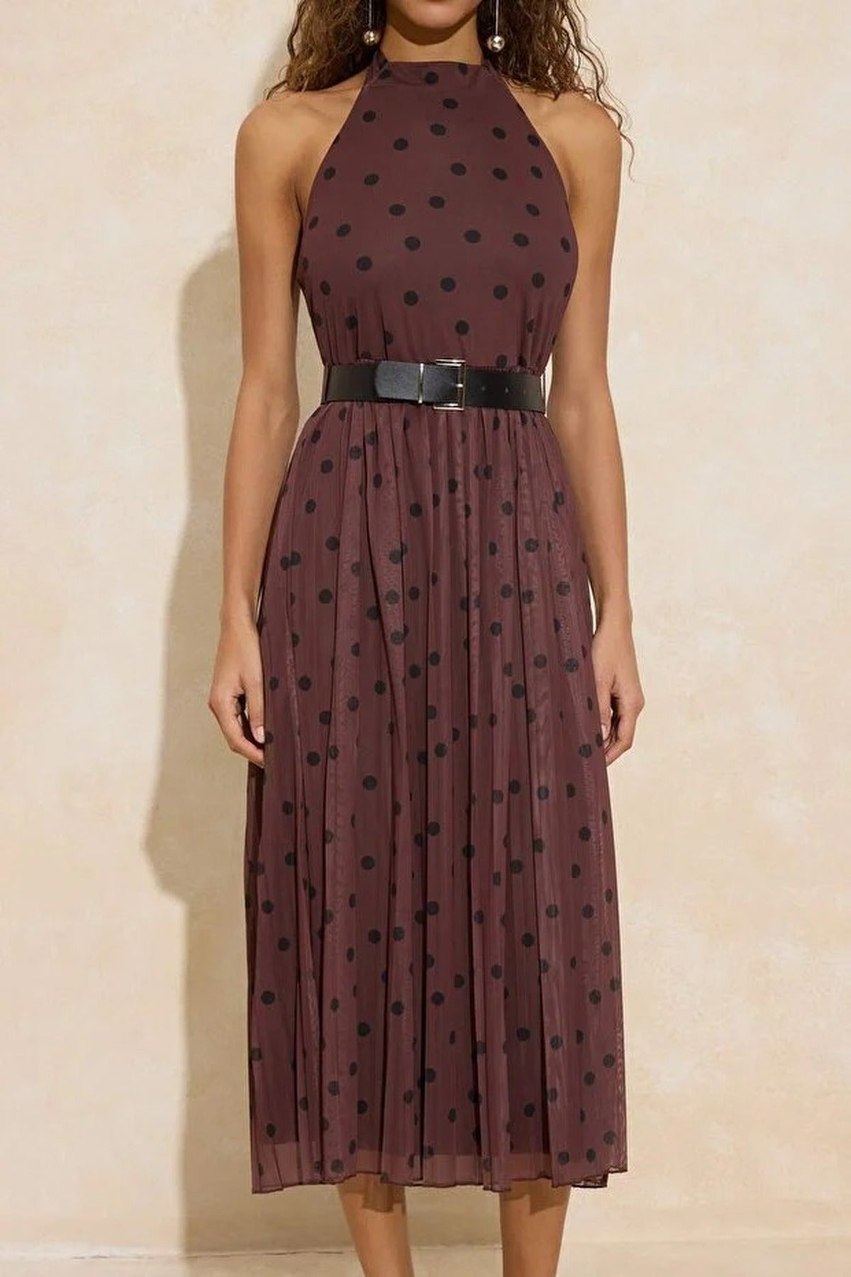 Polka Dot Waist-Stringed Halter Neck Pleated Maxi Tulle Knit Dress