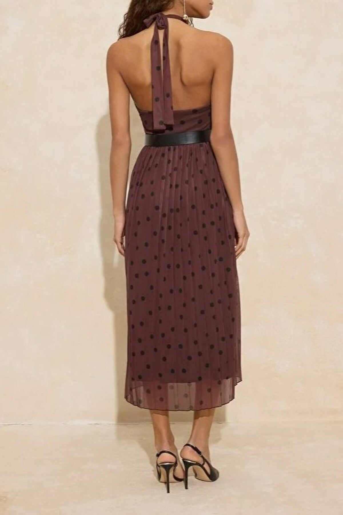 Polka Dot Waist-Stringed Halter Neck Pleated Maxi Tulle Knit Dress
