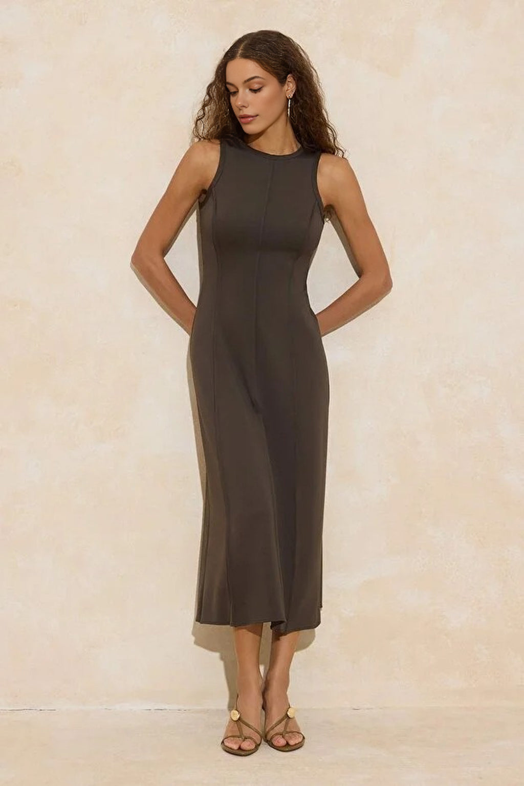 A-Line Sleeveless Maxi Dress with Stitching Detail