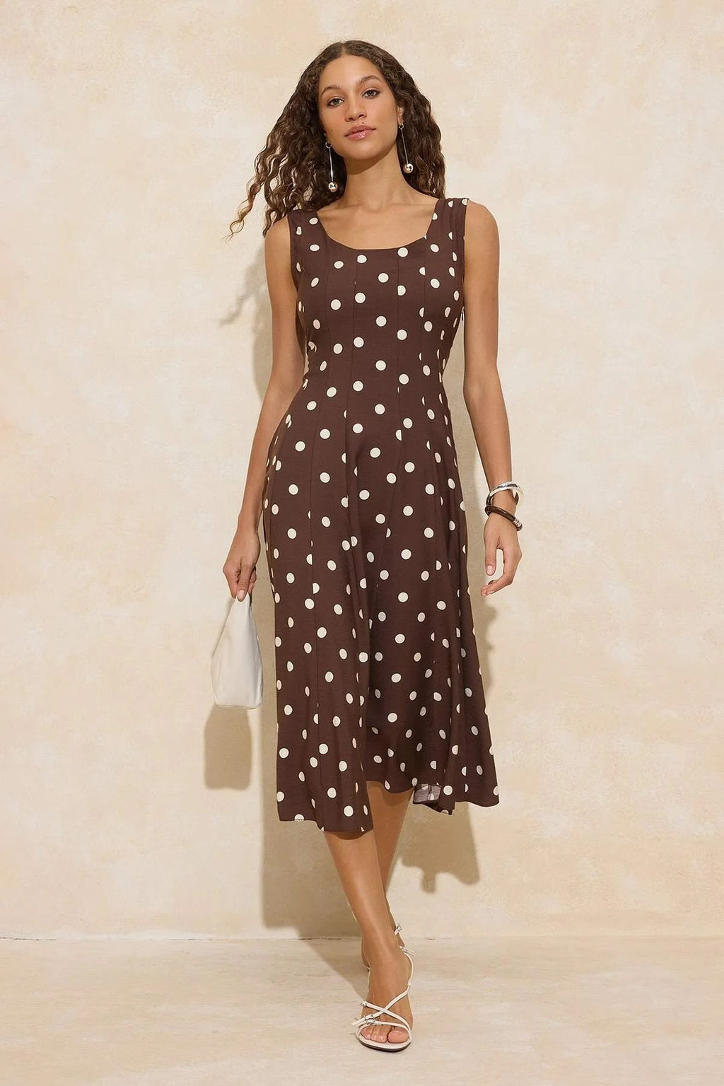 Polka Dot Tie Detail Midi Woven Dress