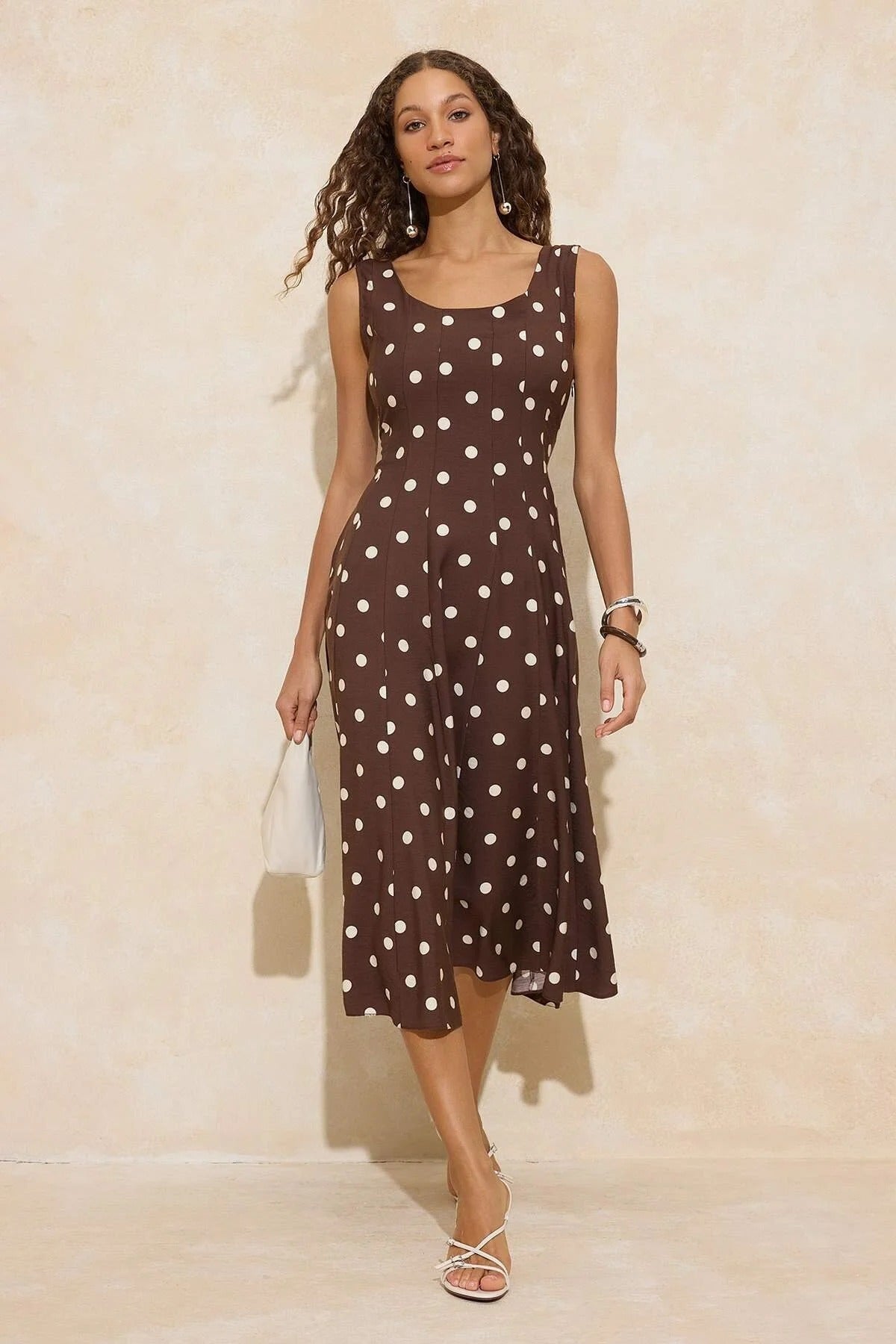 Polka Dot Tie Detail Midi Woven Dress