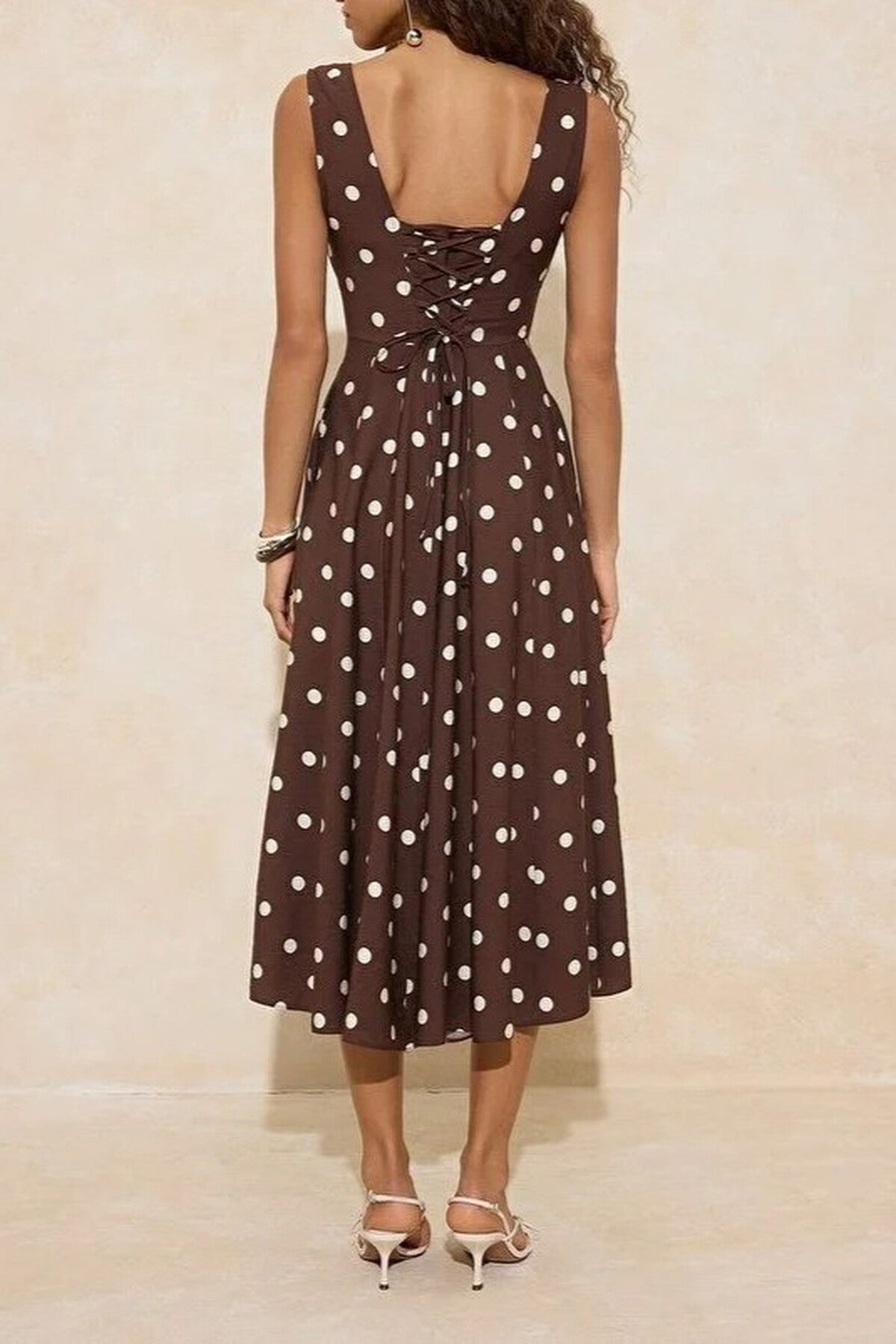 Polka Dot Tie Detail Midi Woven Dress