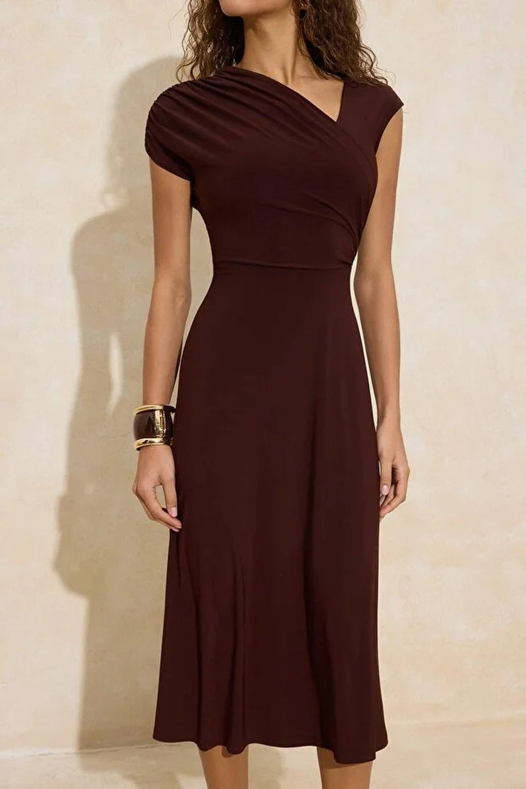 A-Line Ruched Midi Stretch Knit Dress