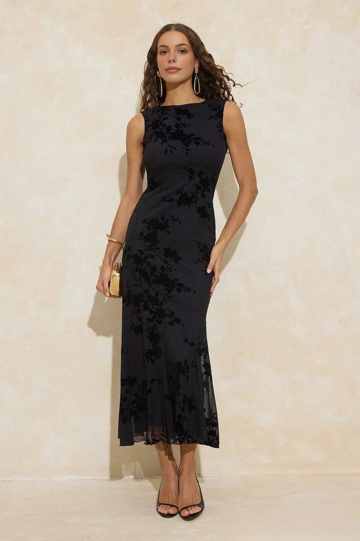 Floral Patterned Flocked Tulle Lined Maxi Dress