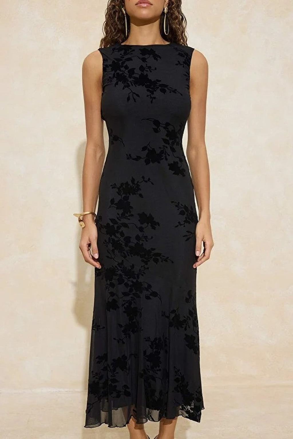 Floral Patterned Flocked Tulle Lined Maxi Dress