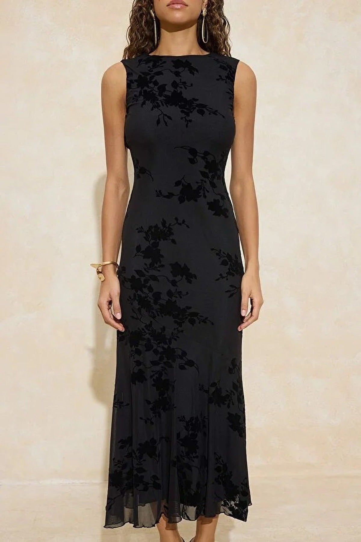 Floral Patterned Flocked Tulle Lined Maxi Dress