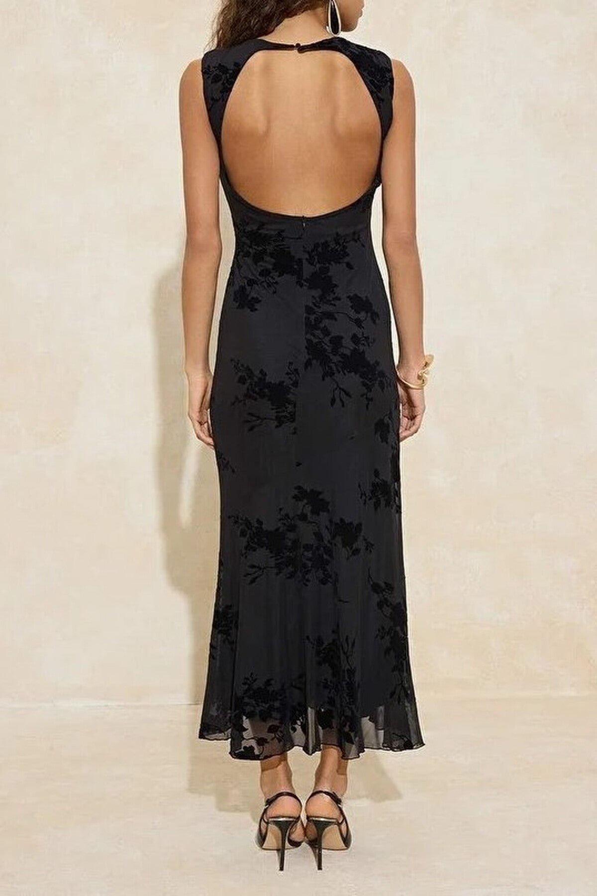 Floral Patterned Flocked Tulle Lined Maxi Dress