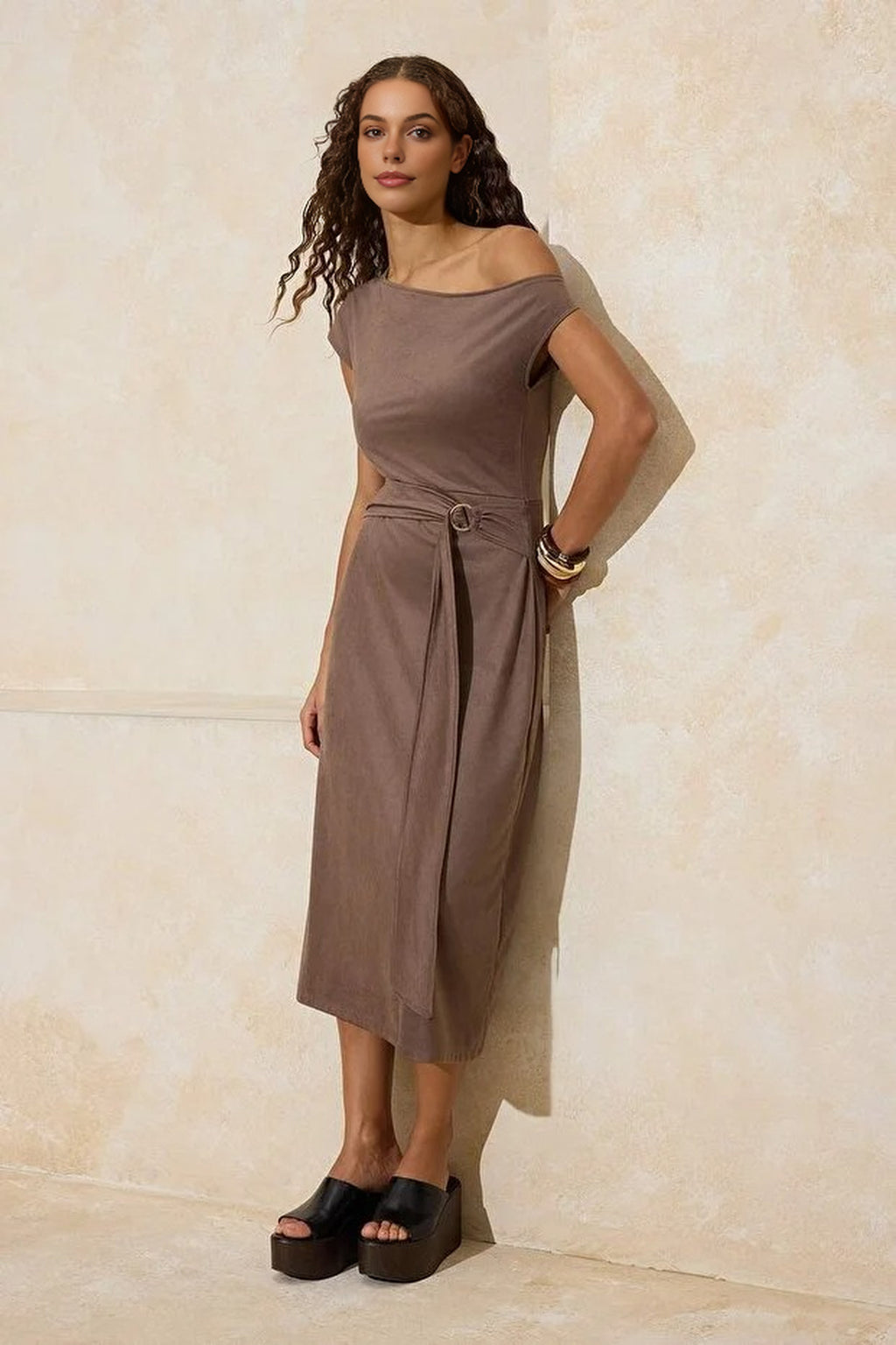 A-Line V-Neck Midi Suede Knit Dress with Accessory Details