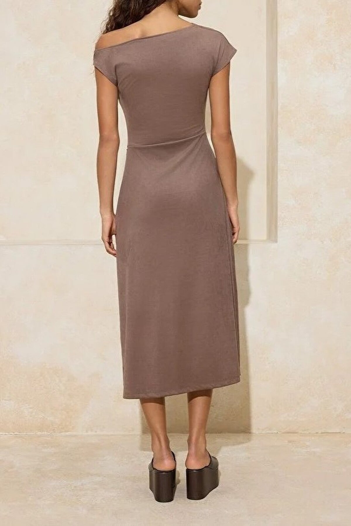 A-Line V-Neck Midi Suede Knit Dress with Accessory Details