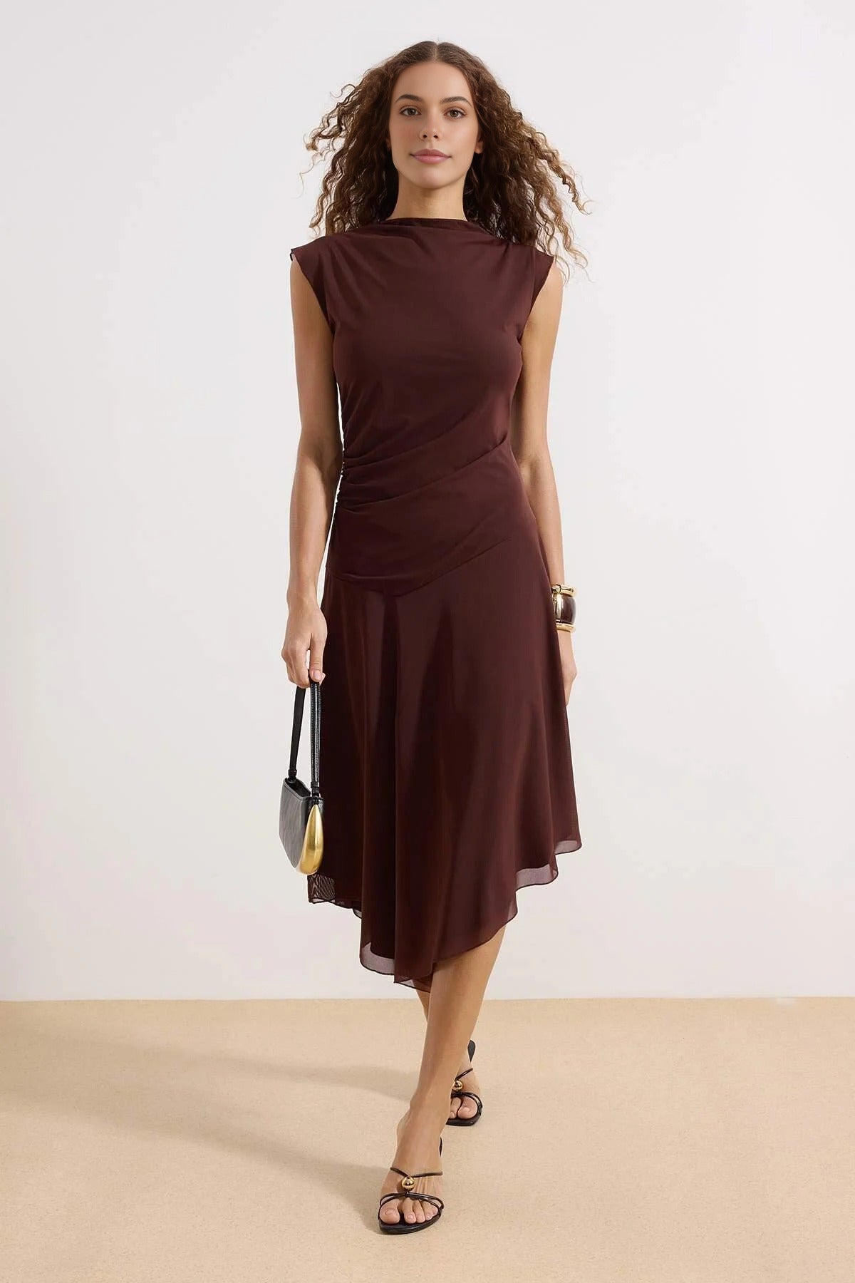 Boat Neck Gathered Maxi Tulle Knit Dress