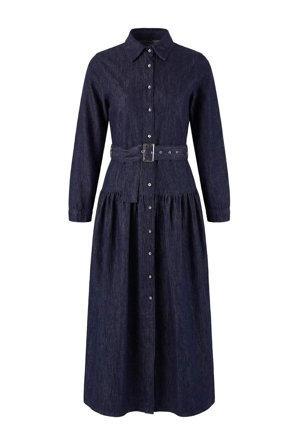 Draped Belted Maxi 100% Cotton Denim Dress