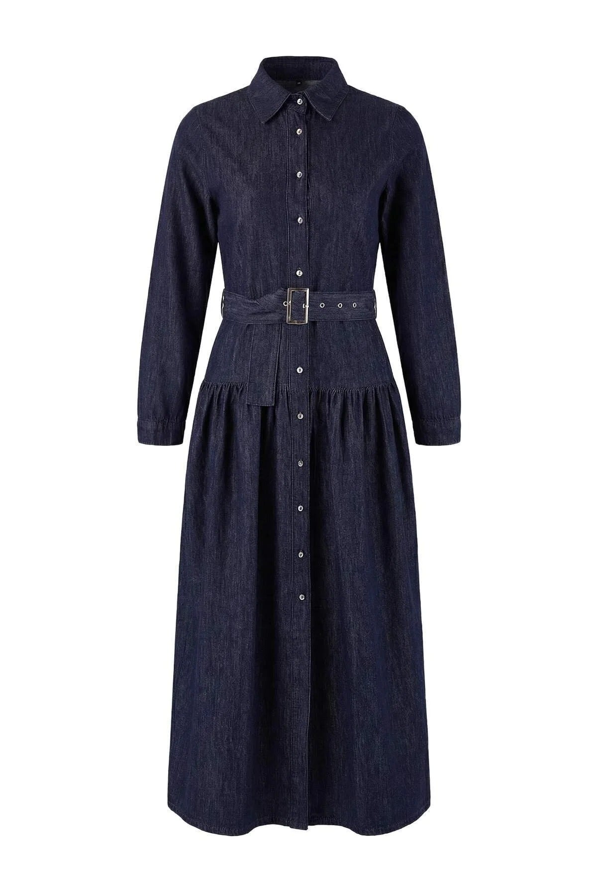 Draped Belted Maxi 100% Cotton Denim Dress