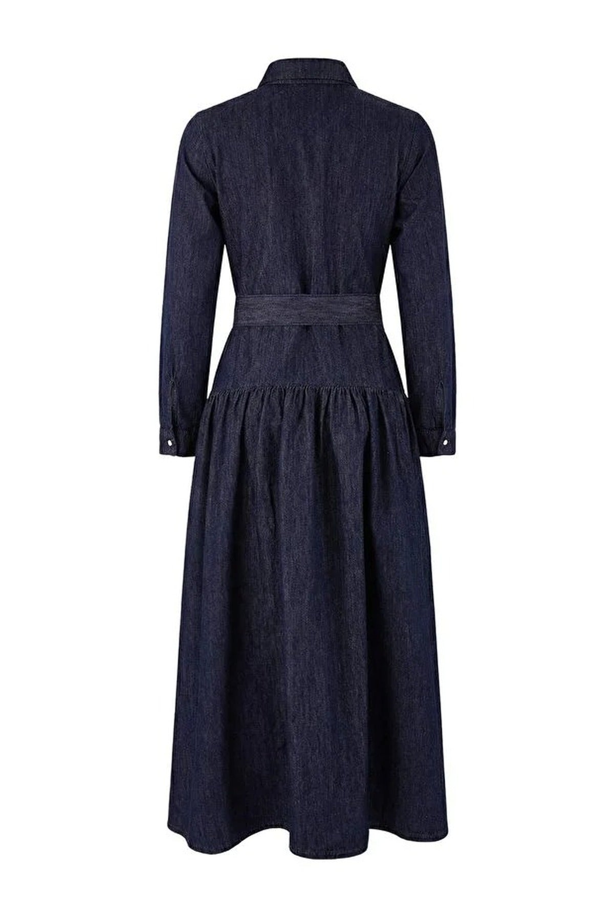Draped Belted Maxi 100% Cotton Denim Dress