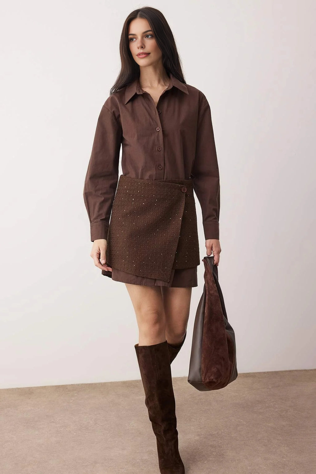 Tweed Wrap Skirt Collared Long Sleeve Woven Mini Shirt Dress