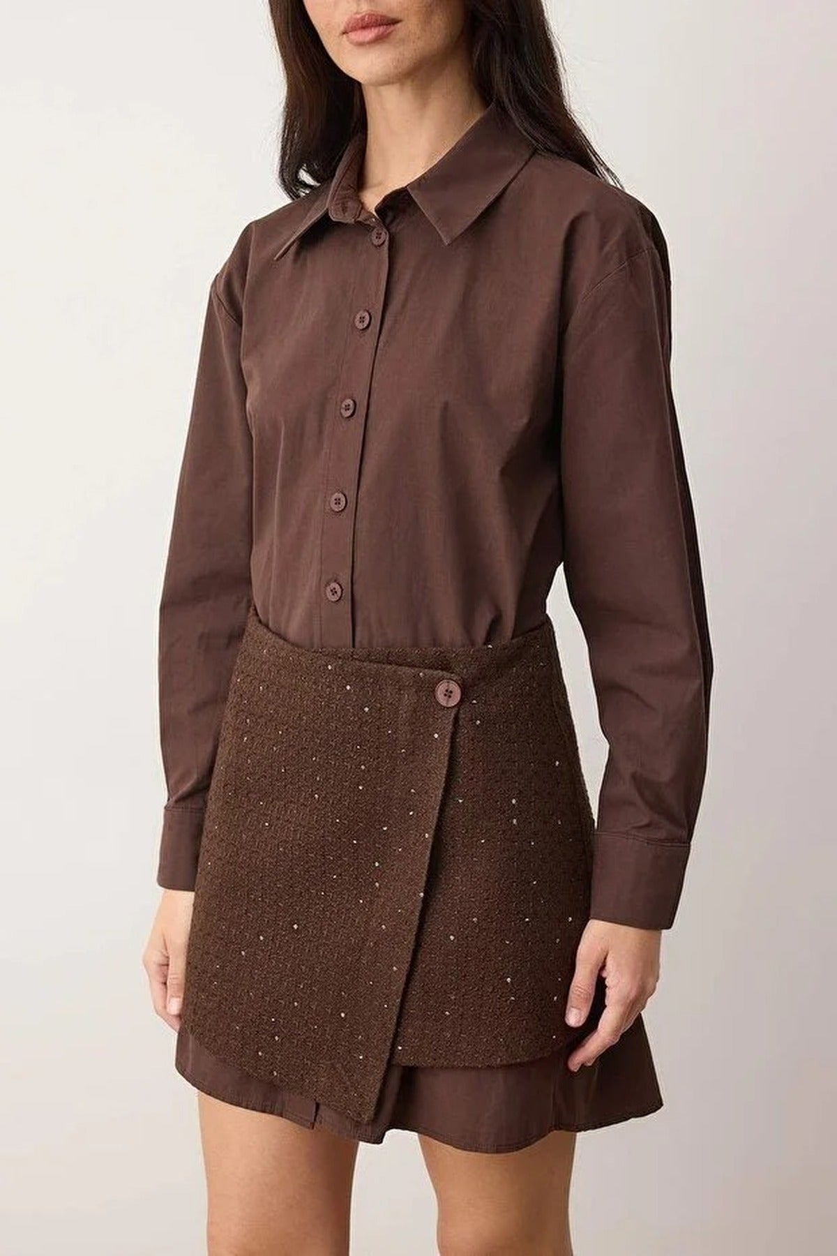 Tweed Wrap Skirt Collared Long Sleeve Woven Mini Shirt Dress