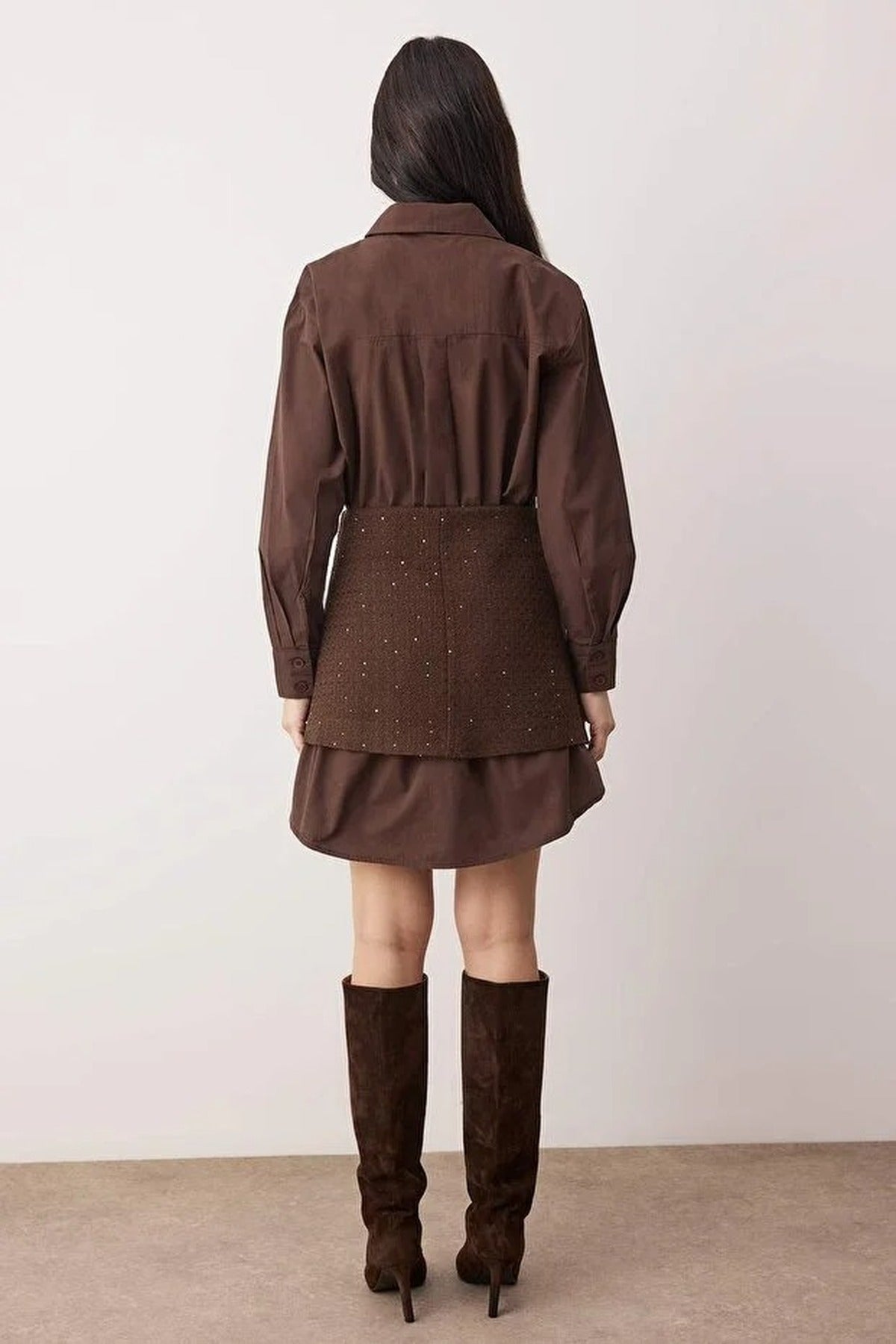Tweed Wrap Skirt Collared Long Sleeve Woven Mini Shirt Dress