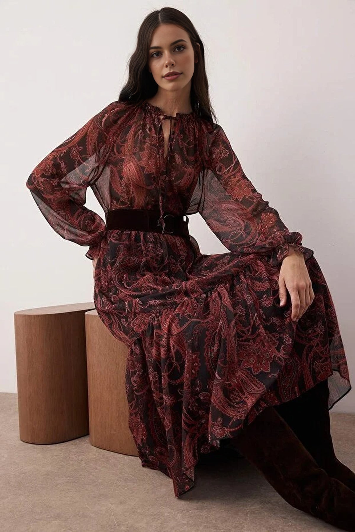 Patterned Maxi Lined Woven Dress with Suede Belt