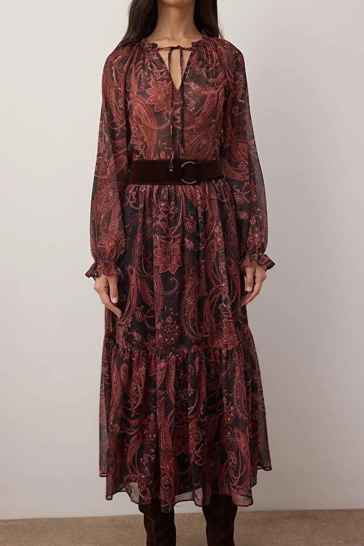 Patterned Maxi Lined Woven Dress with Suede Belt