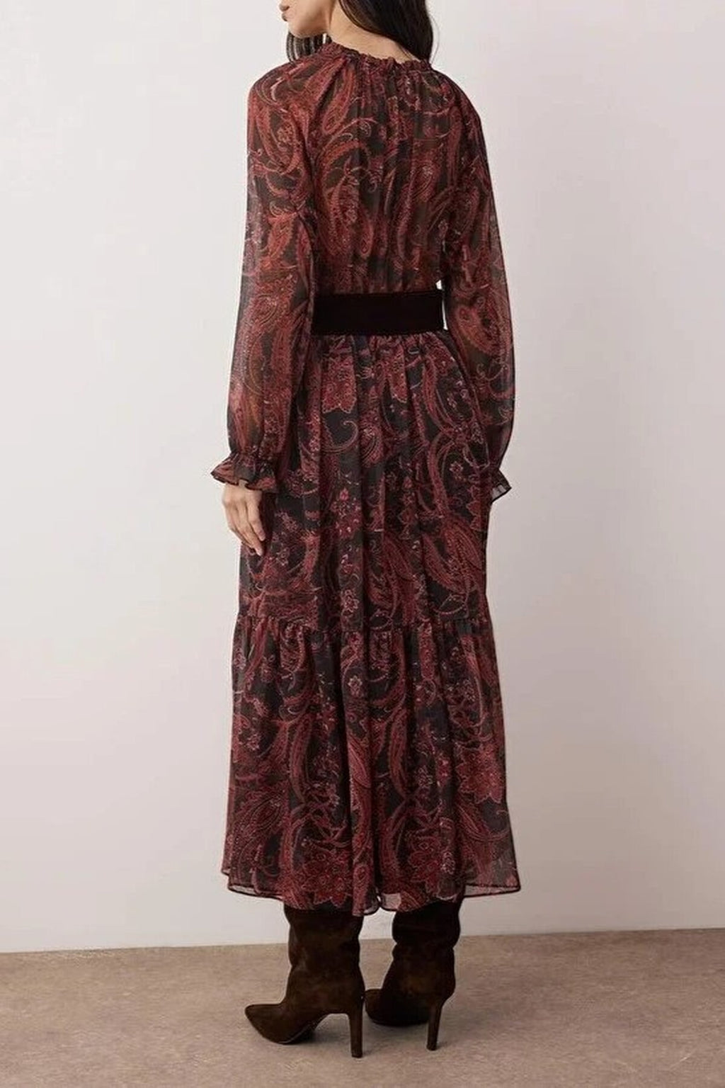 Patterned Maxi Lined Woven Dress with Suede Belt