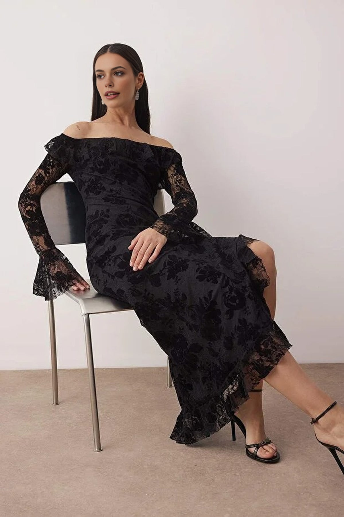 Ruffled Flocked Tulle Printed Maxi Dress with Lining