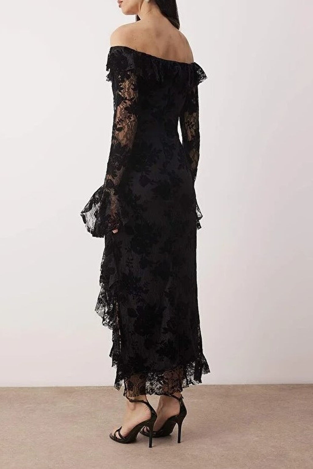 Ruffled Flocked Tulle Printed Maxi Dress with Lining